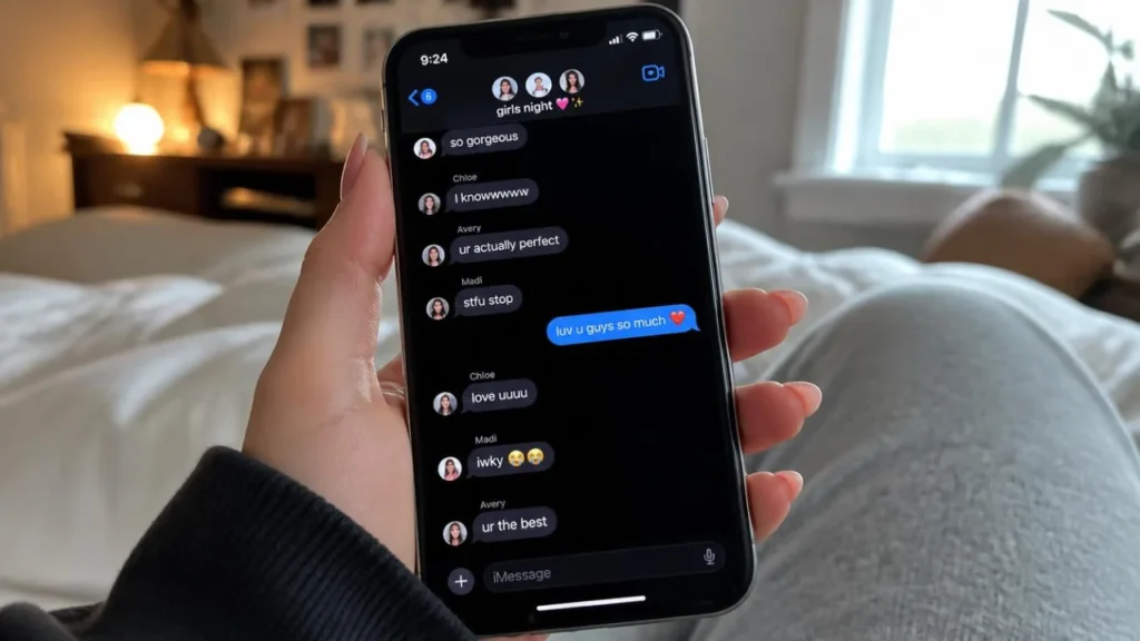 Phone screen showing a group chat where a friend replies "iwky" with laughing emojis after a compliment, an example of IWKY meaning in text