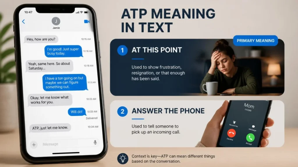 ATP meaning in text showing at this point and answer the phone