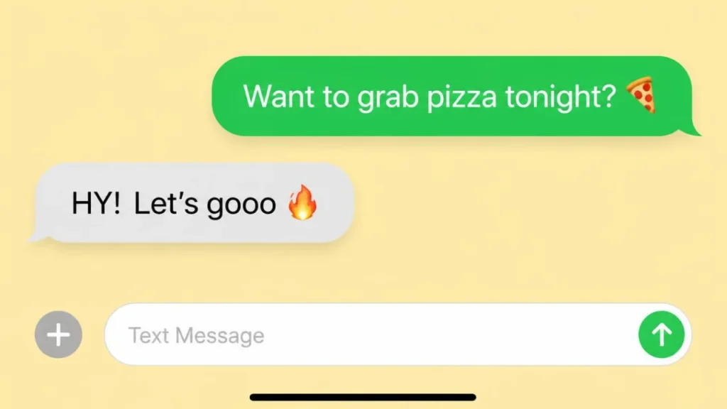 Text message example showing HY used as Hell Yeah for enthusiastic agreement.