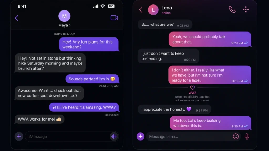 Example text message using WWA to ask about weekend plans and talk about a relationship