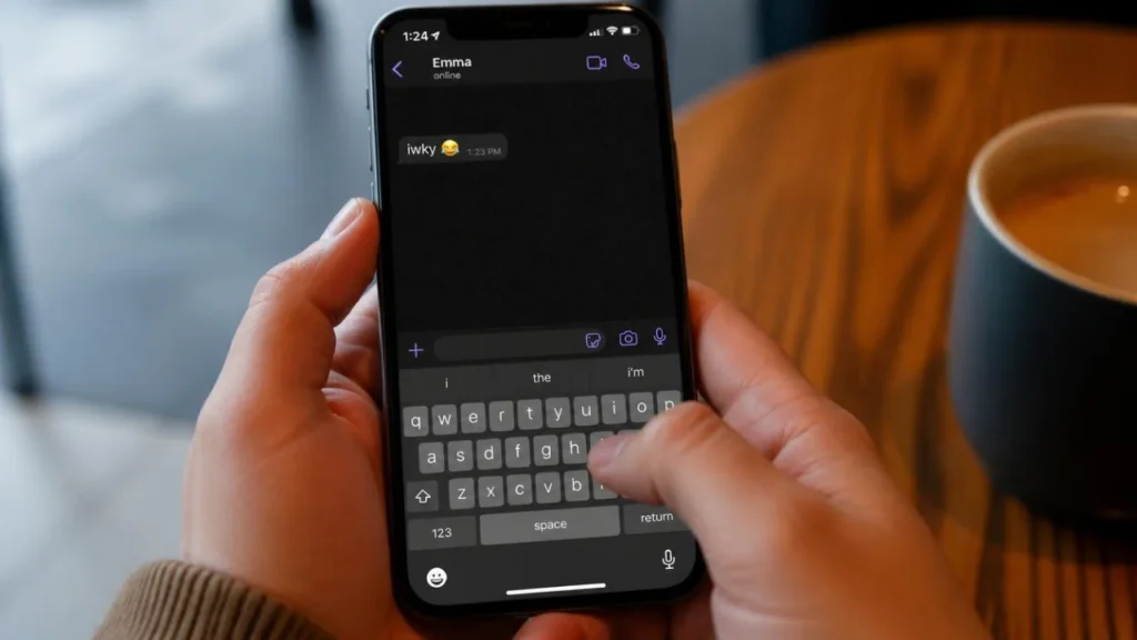 Close-up of hands typing "iwky" on a phone keyboard in a text conversation, showing how the slang term is used in real chats