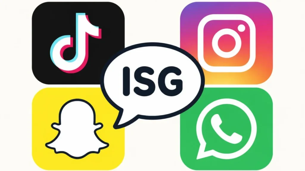 Speech bubble reading "ISG" centered among TikTok, Instagram, Snapchat, and WhatsApp app icons
