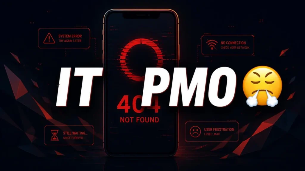 Visual graphic depicting smartphone error and digital frustration for PMO meaning Piss Me Off.