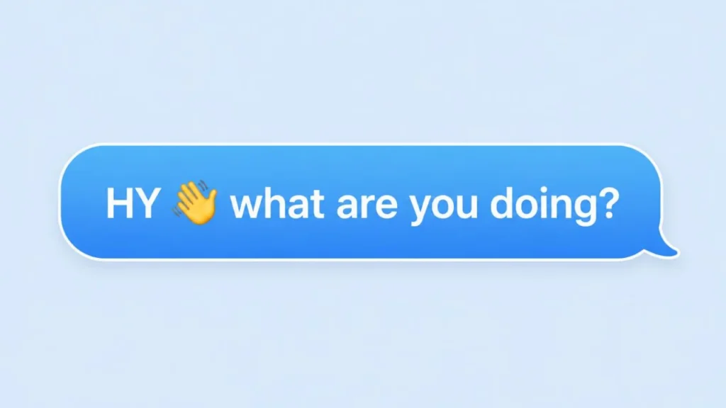 Text message bubble illustration demonstrating HY used as a casual greeting like Hi or Hey.