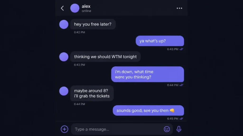Real chat example showing WTM used in a casual text conversation