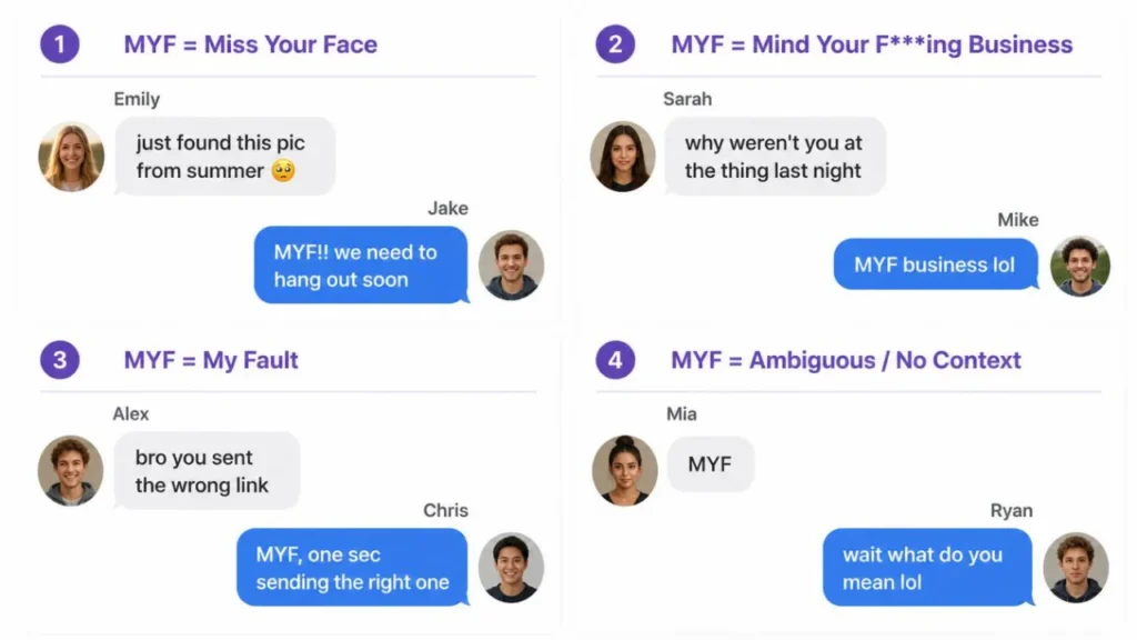 Real text conversation examples showing different meanings of MYF