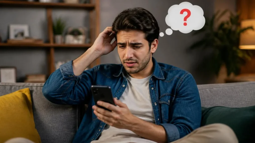 Man looking confused at his phone with a question mark thought bubble, illustrating common mistakes people make misunderstanding IWKY