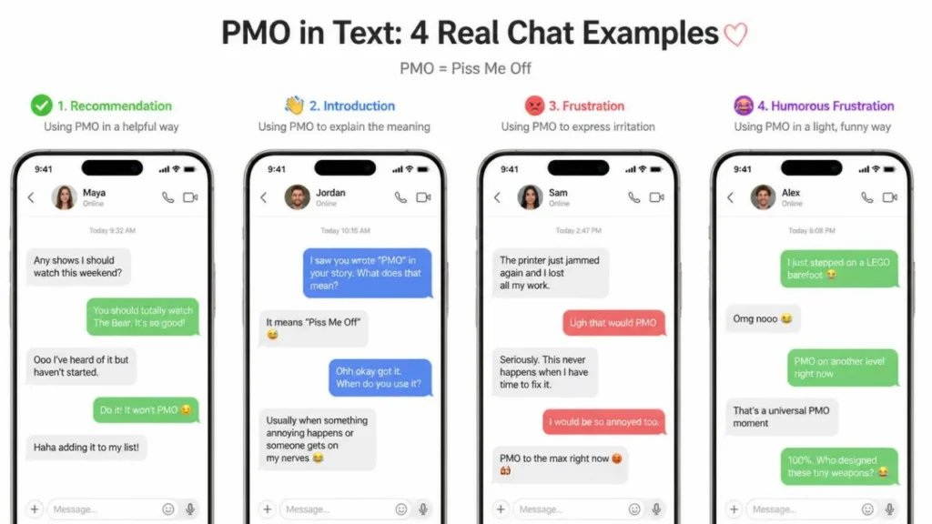 PMO meaning shown through four real text and chat examples, including recommendations, introductions, frustration, and humorous annoyance.