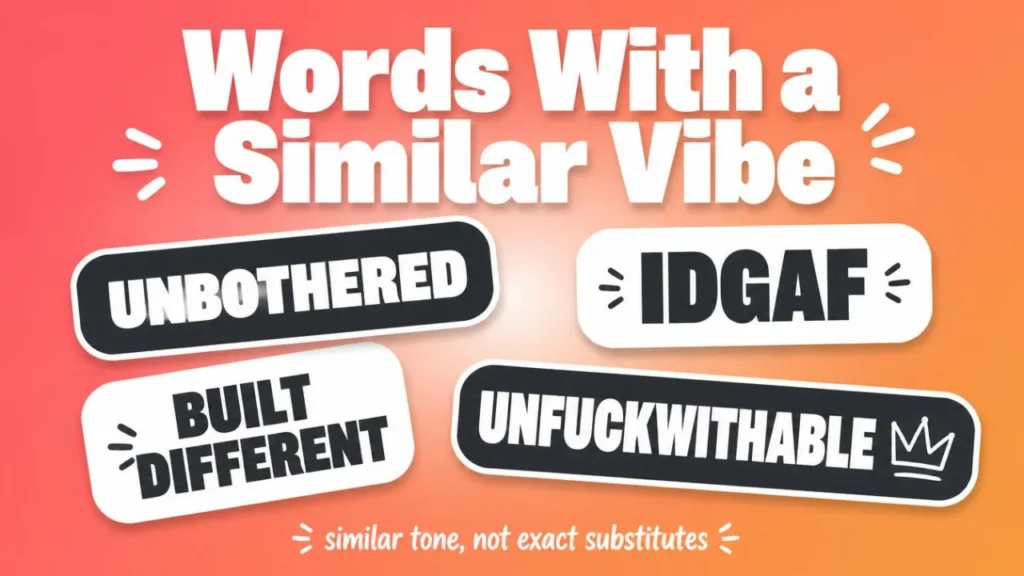 Sticker-style graphic of slang terms with a similar meaning, including unbothered and IDGAF