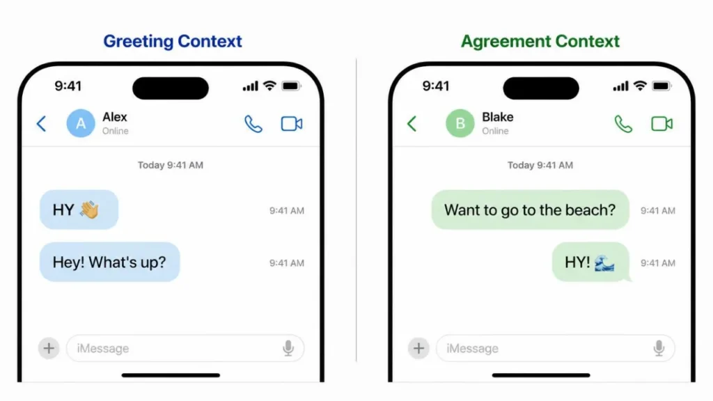 Side-by-side text chat comparison showing HY used as a greeting versus an enthusiastic response.