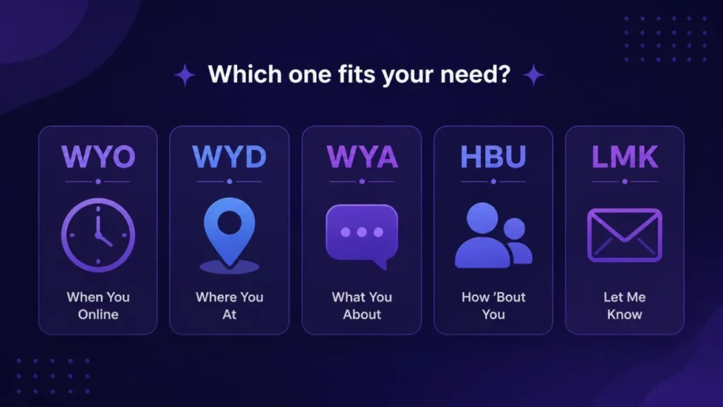 Slang terms similar to WTM including WYO, WYD, WYA, HBU, and LMK