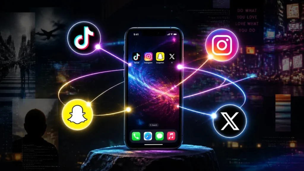 Smartphone glowing with connections to TikTok, Instagram, Snapchat, and X icons, showing where IWKY is commonly used across platforms