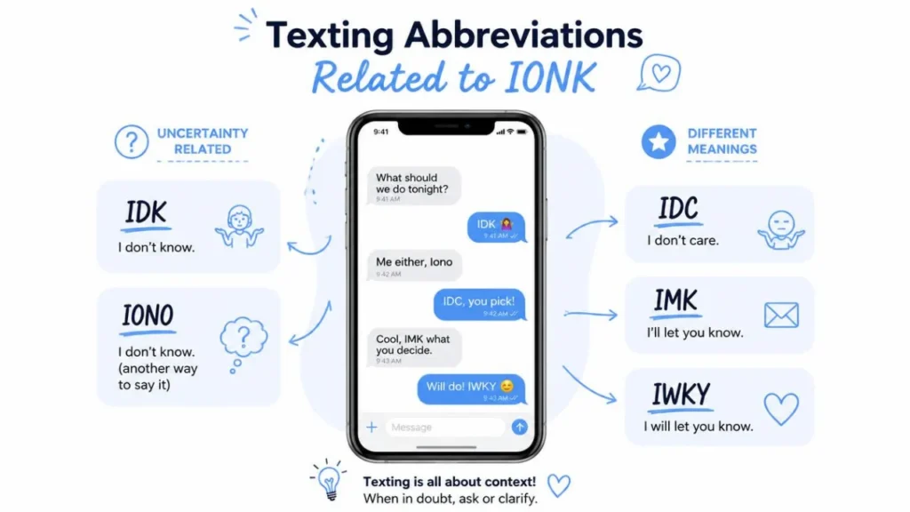 Texting slang terms related to IONK including IDK Iono IDC IMK and IWKY