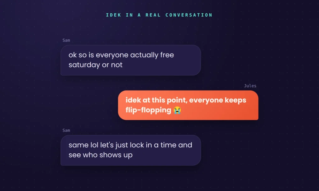 Example text conversation showing how "idek" is used in a real group chat about weekend plans