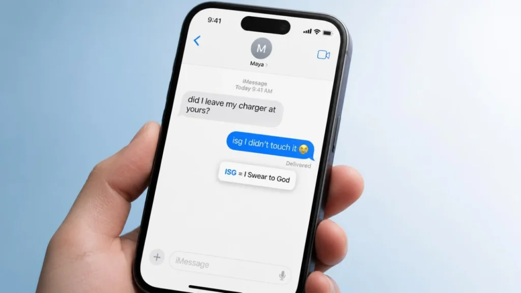 A hand holding a smartphone showing an iMessage conversation with Maya. The chat has a gray message “did I leave my charger at yours?”, a blue reply “isg I didn’t touch it 😭”, and a white note below that says “ISG = I Swear to God”.