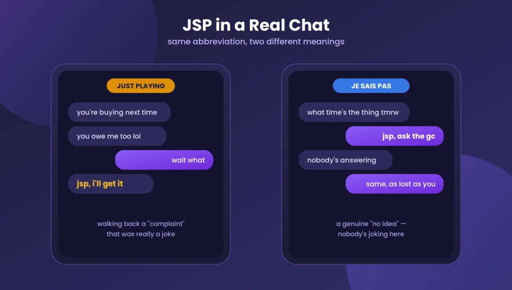 Real chat examples showing JSP used as Just Playing versus Je Sais Pas