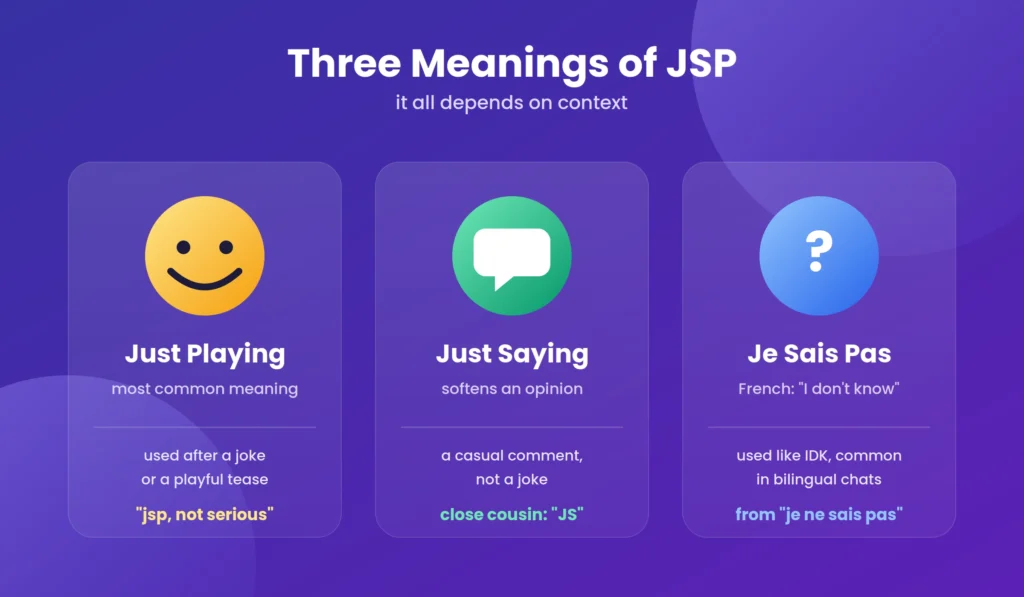 Three meanings of JSP in texting: Just Playing, Just Saying, and Je Sais Pas