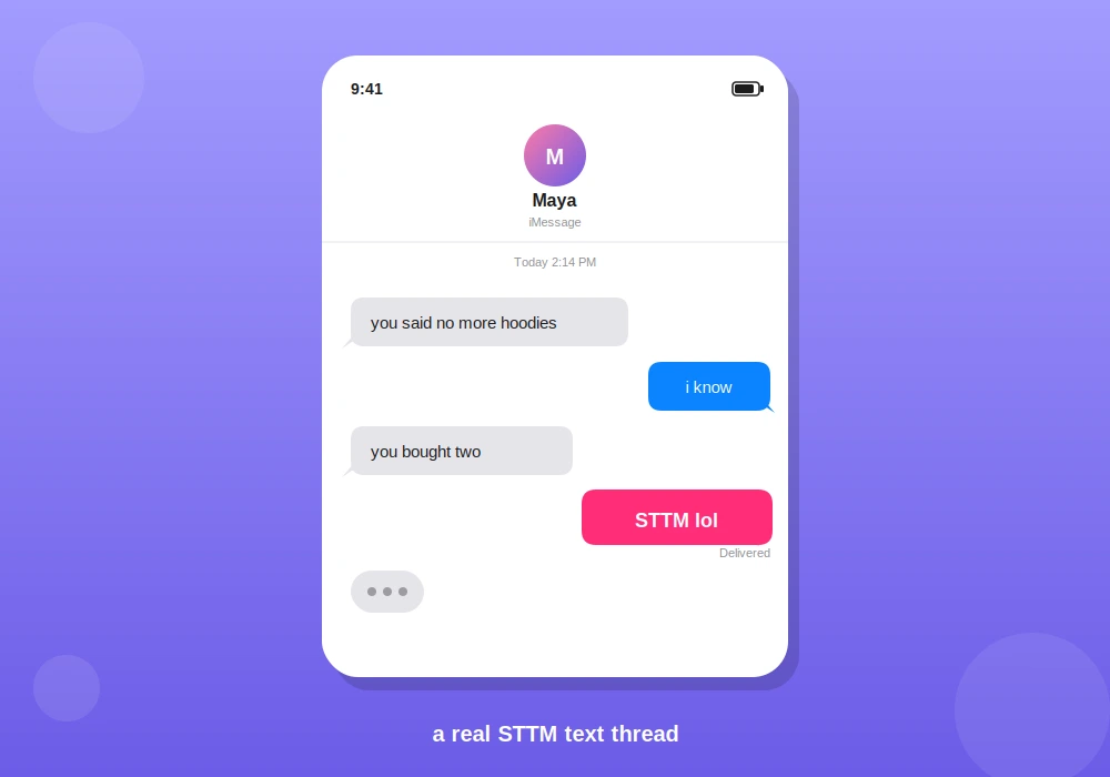 Text message screenshot example of STTM used playfully in a real chat conversation between friends