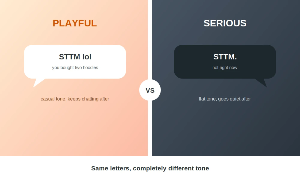Side-by-side comparison of a playful STTM text message versus a serious STTM text message, showing how tone changes the meaning