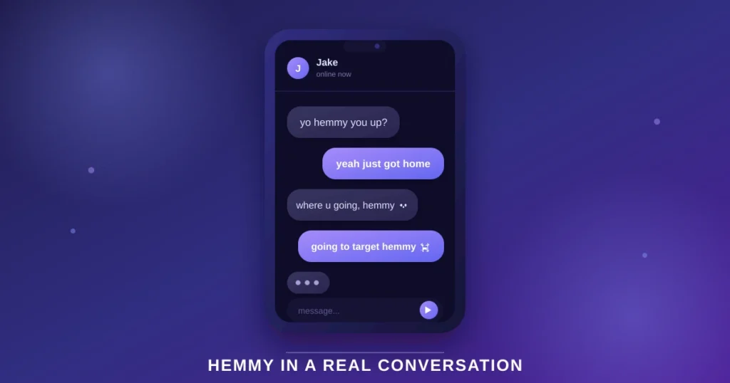 Phone chat screenshot example showing hemmy used in a real text conversation between friends