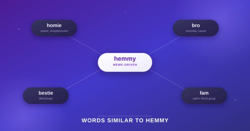 Comparison graphic showing hemmy alongside similar slang terms homie, bro, bestie, and fam