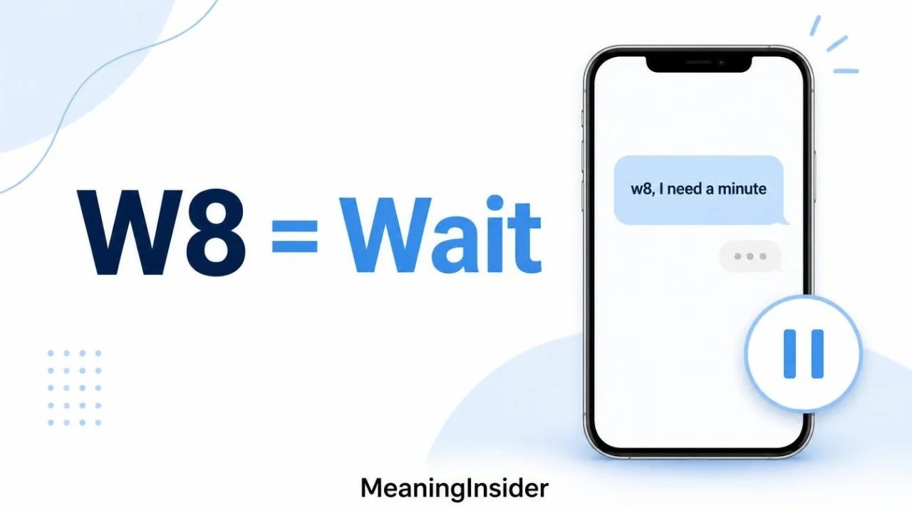 W8 meaning in text messages, showing W8 as a shorthand for wait with a simple texting conversation example