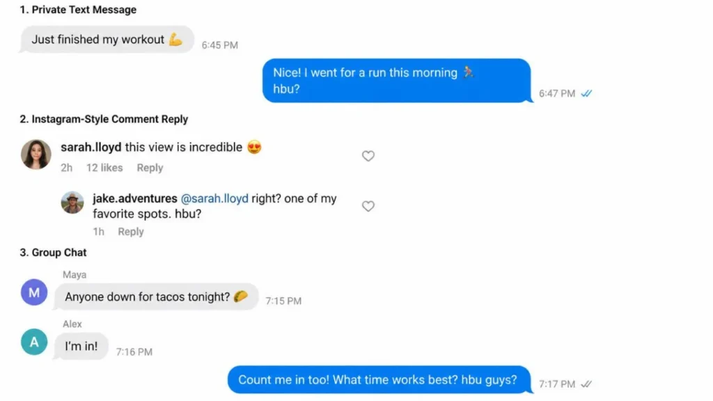 Examples of HBU used in text messages, comments, and group chats