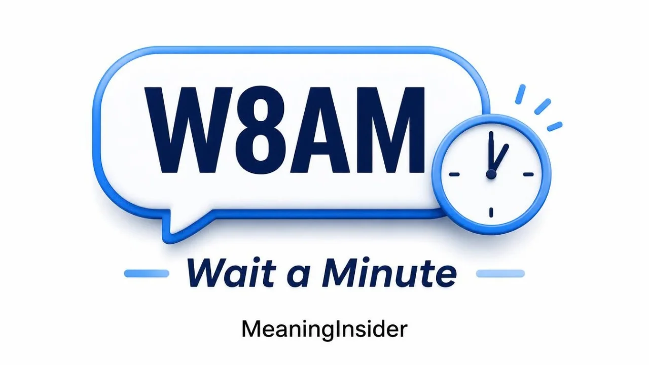 W8AM meaning in text messages, showing W8AM as a shorthand for wait a minute with a casual chat example