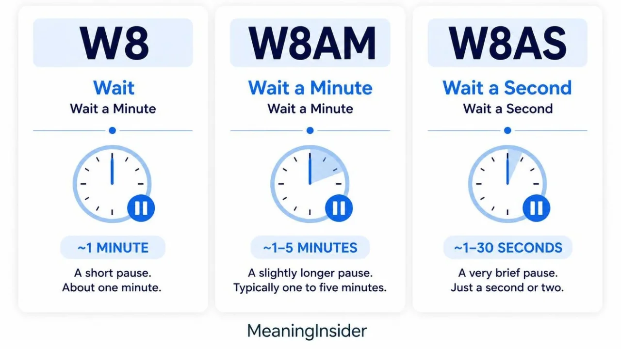 Difference between W8, W8AM and W8AS in texting, comparing wait, wait a minute and wait a second