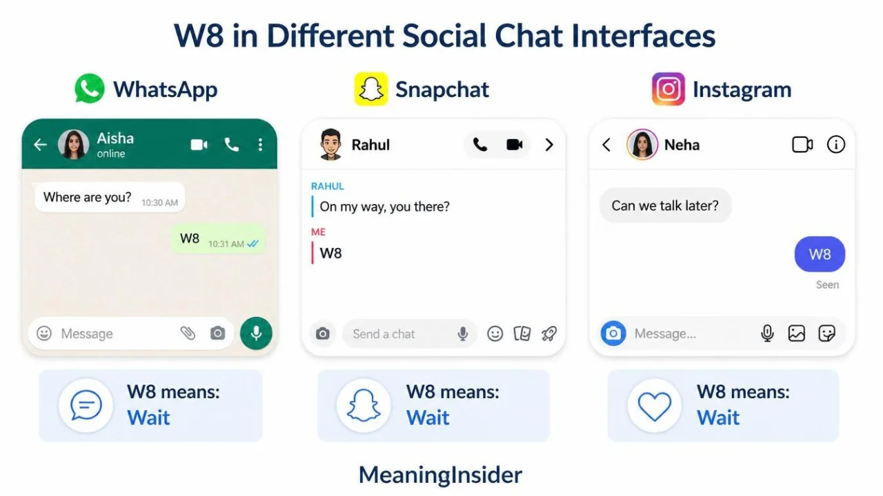 W8 meaning on WhatsApp, Snapchat and Instagram, showing how the abbreviation is used with the same wait meaning across messaging and social media platforms