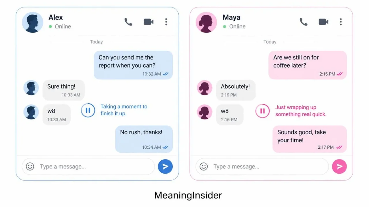 What W8 means when a girl or guy sends it, showing how the abbreviation can indicate needing a moment, checking something, or briefly stepping away from a conversation