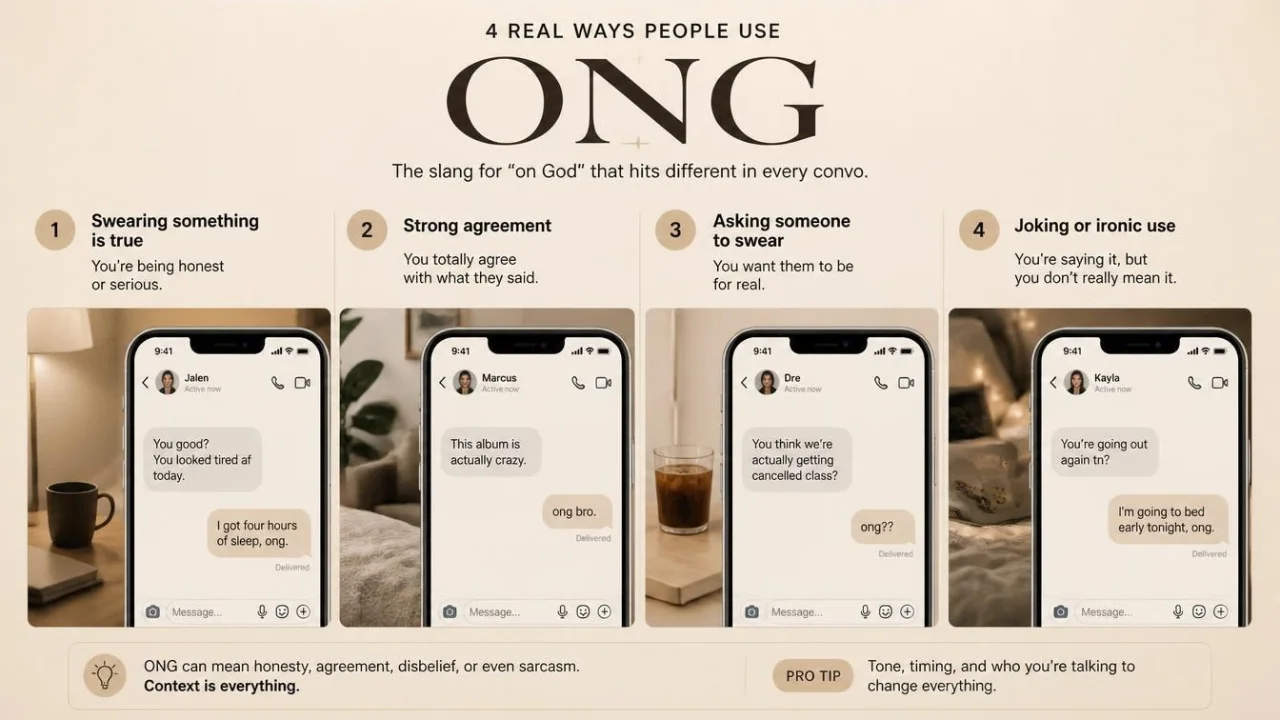 Examples of ONG used to swear something is true, agree strongly, ask for confirmation, and joke