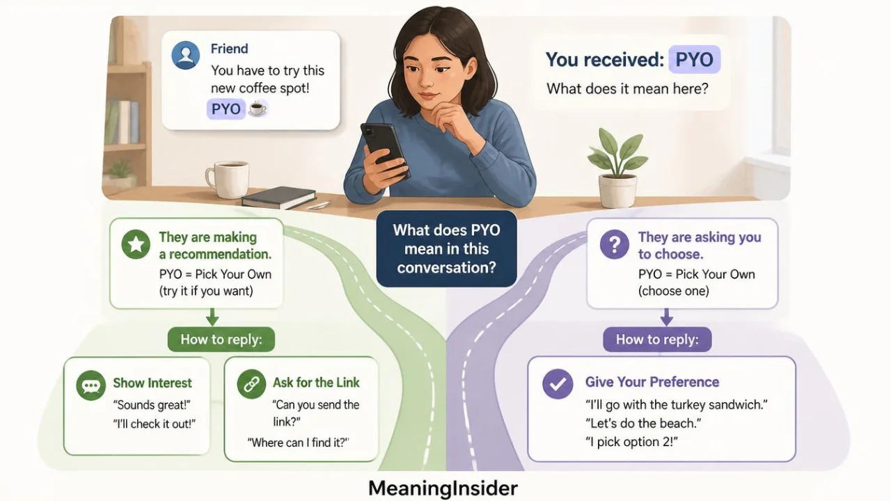 Texting examples showing how to reply to PYO based on its meaning