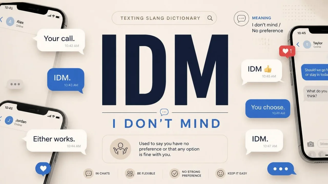 IDM means I Don't Mind represented through texting conversation examples