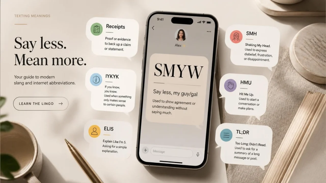 Comparison of SMYW with similar texting terms including IYKYK, ELI5, SMH, HMU, and TLDR
