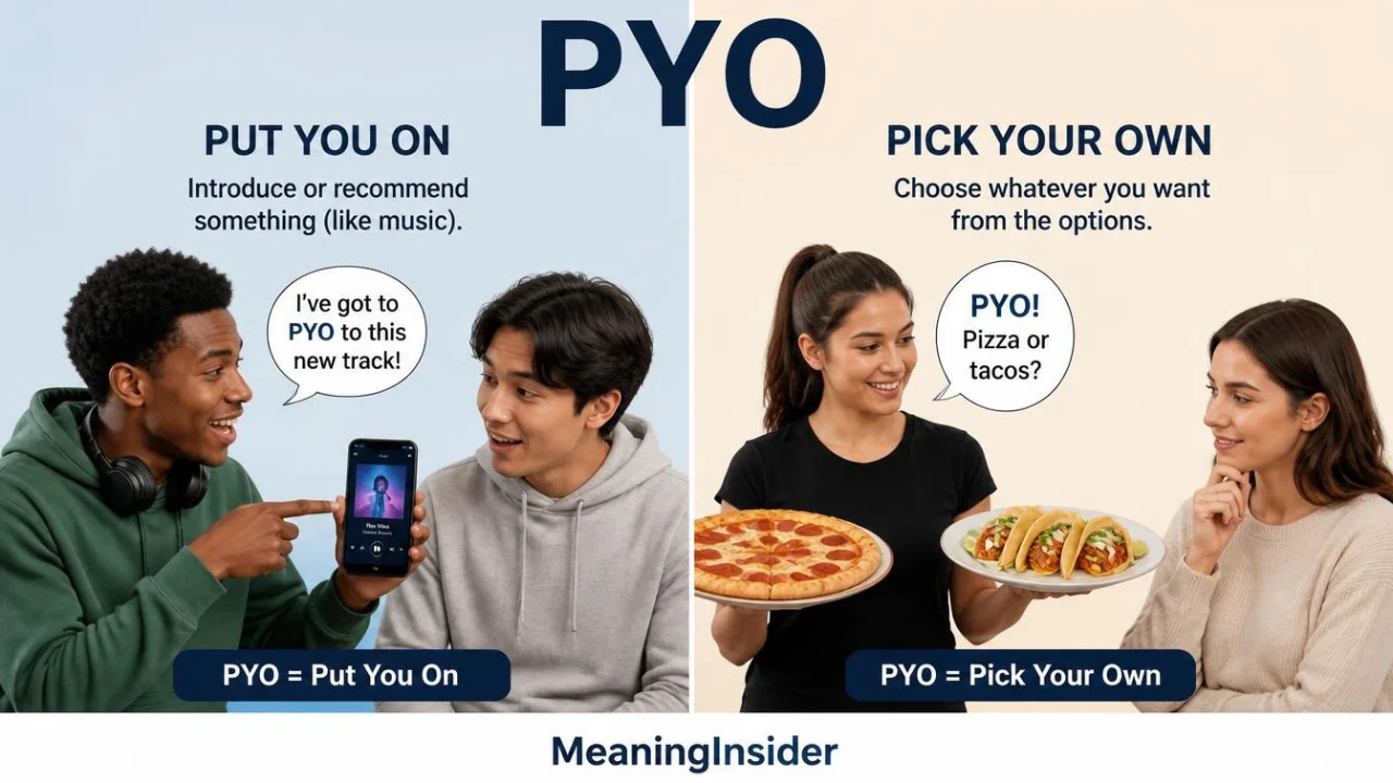 Two texting situations showing PYO as Put You On and Pick Your Own
