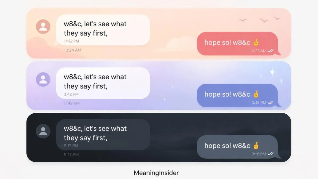W8&C chat examples showing different uses of “wait and see,” including delaying a decision, hoping for a positive result, and expressing doubt about a claim.