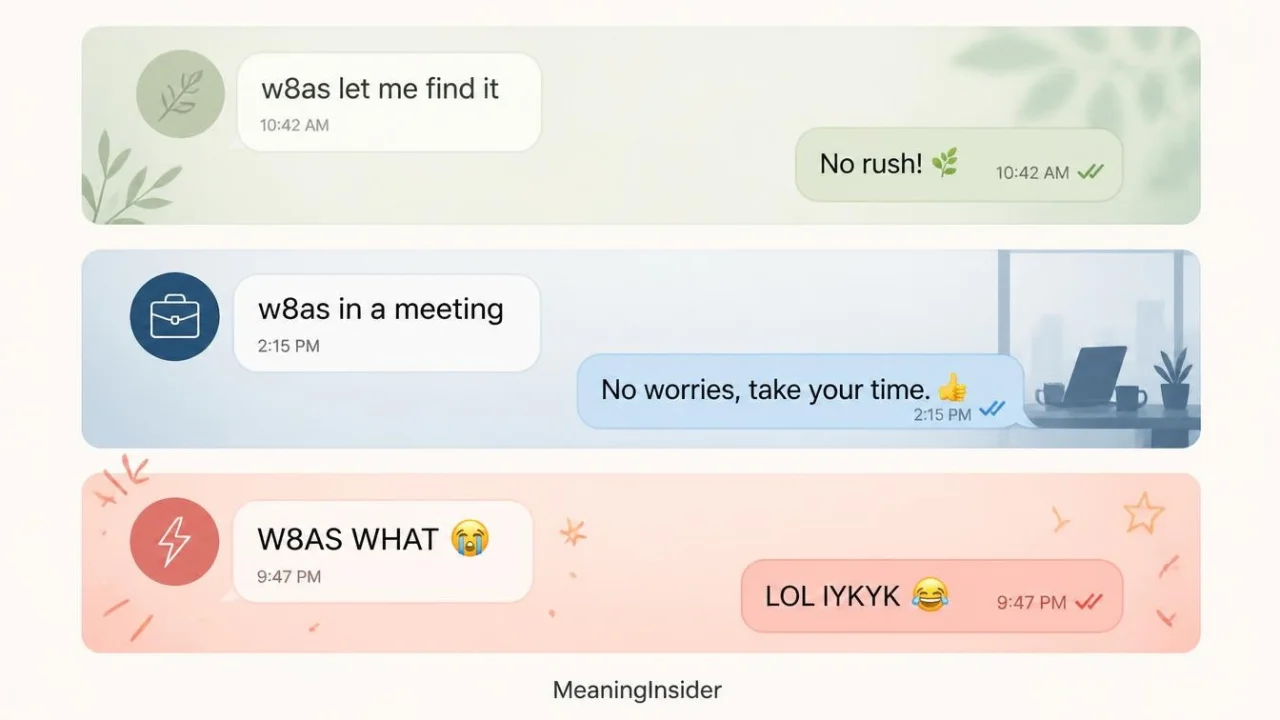 W8AS chat examples showing how “wait a second” can be used with different tones and intentions in real text conversations