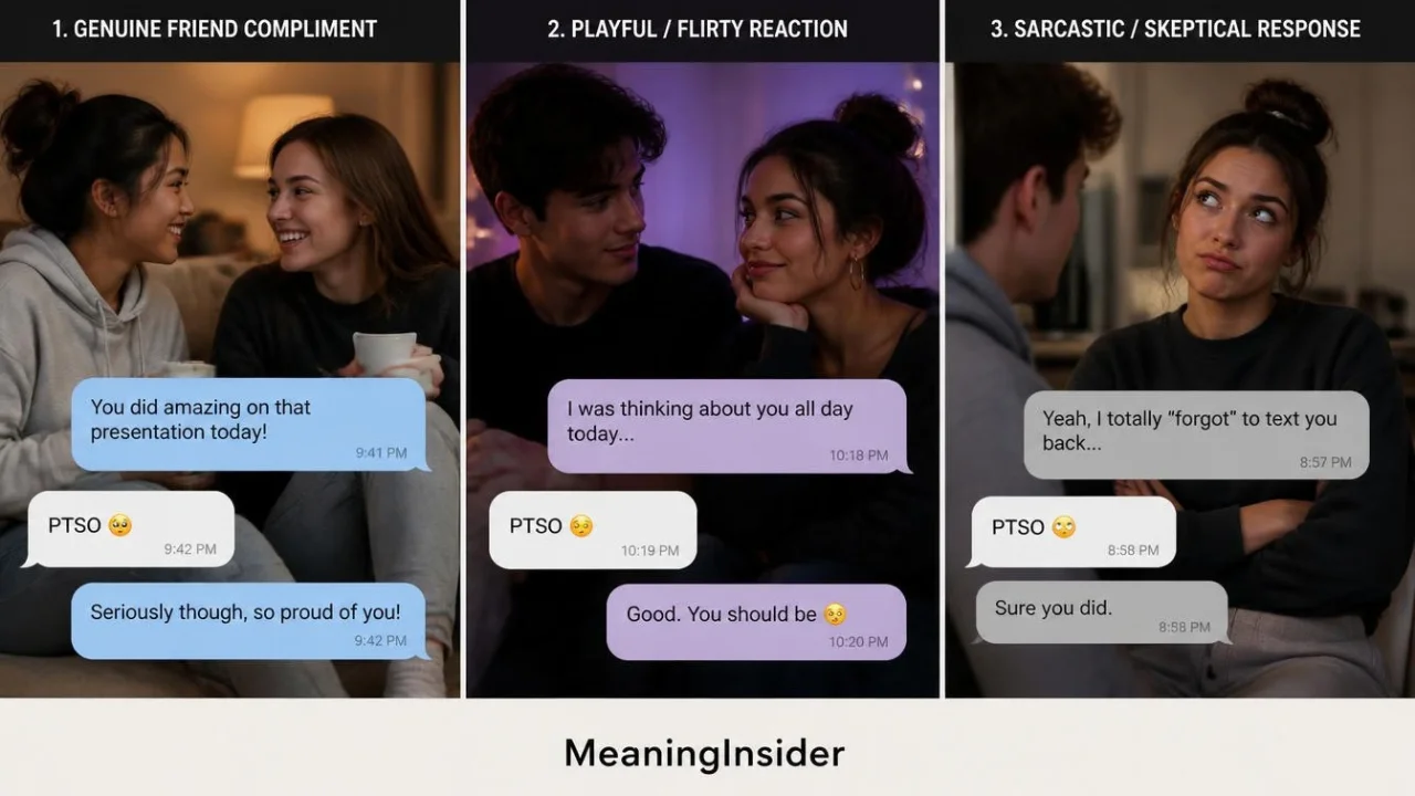 PTSO used in friendly, flirty, and sarcastic contexts showing how the tone changes the meaning of the slang