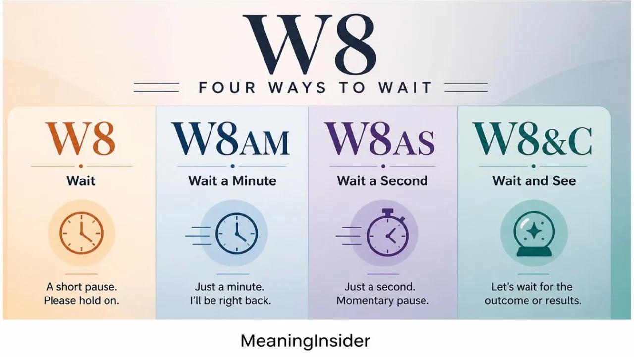 Difference between W8&C, W8, W8AM, and W8AS in texting, comparing “wait and see” with “wait,” “wait a minute,” and “wait a second.”