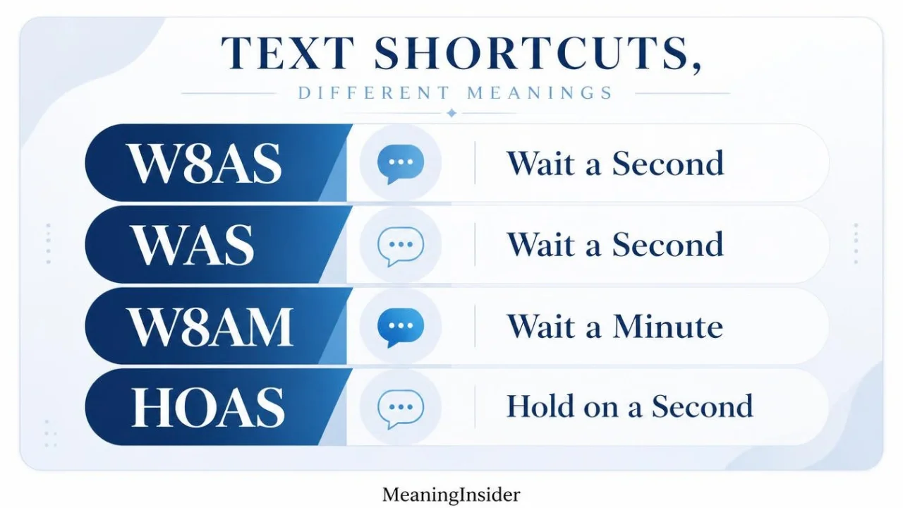 Texting abbreviations similar to W8AS, including WAS, W8AM, WAM, and HOAS, with their meanings and uses