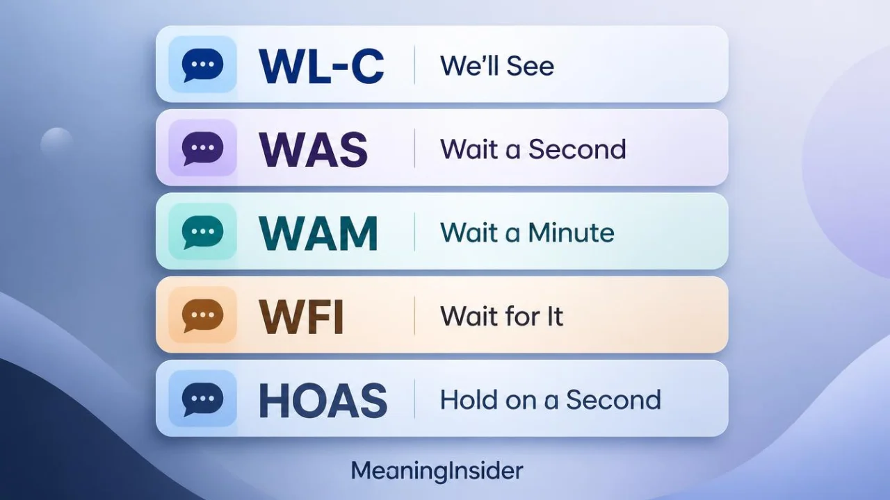 Texting abbreviations similar to W8&C, including WL-C, WAS, WAM, WFI, and HOAS, with their meanings and differences in everyday conversations.