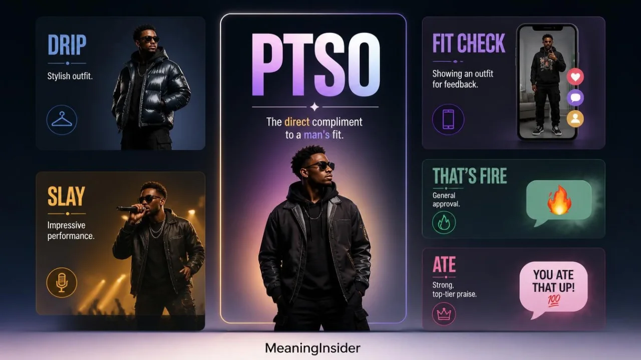 PTSO compared with Drip, Fit Check, Slay, That's Fire, and Ate to show differences between popular style and compliment slang