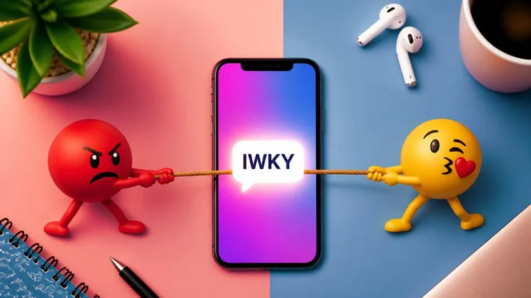 Red angry emoji and yellow kissing emoji pulling a rope in a tug-of-war over a phone showing "IWKY," representing its two opposite meanings
