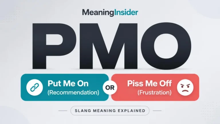 Featured dictionary banner explaining the two slang meanings of PMO: Put Me On and Piss Me Off.