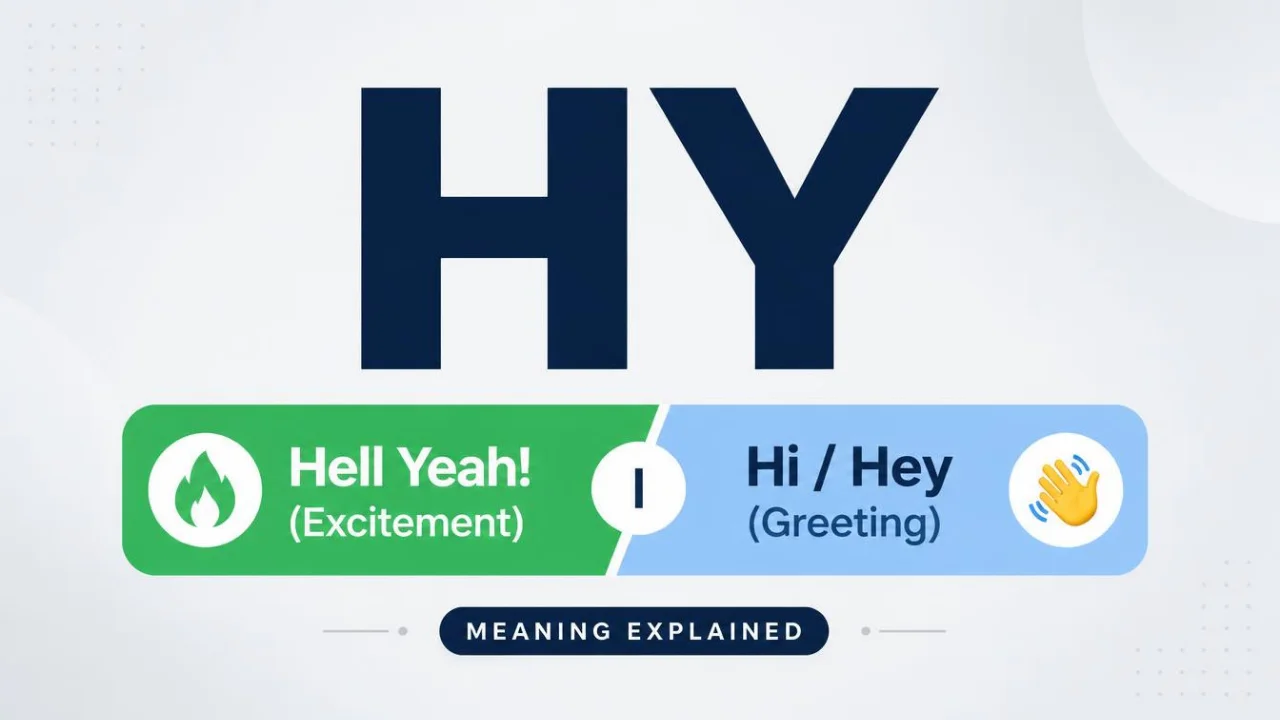 Featured dictionary banner explaining the two slang meanings of HY: Hell Yeah and Hi.