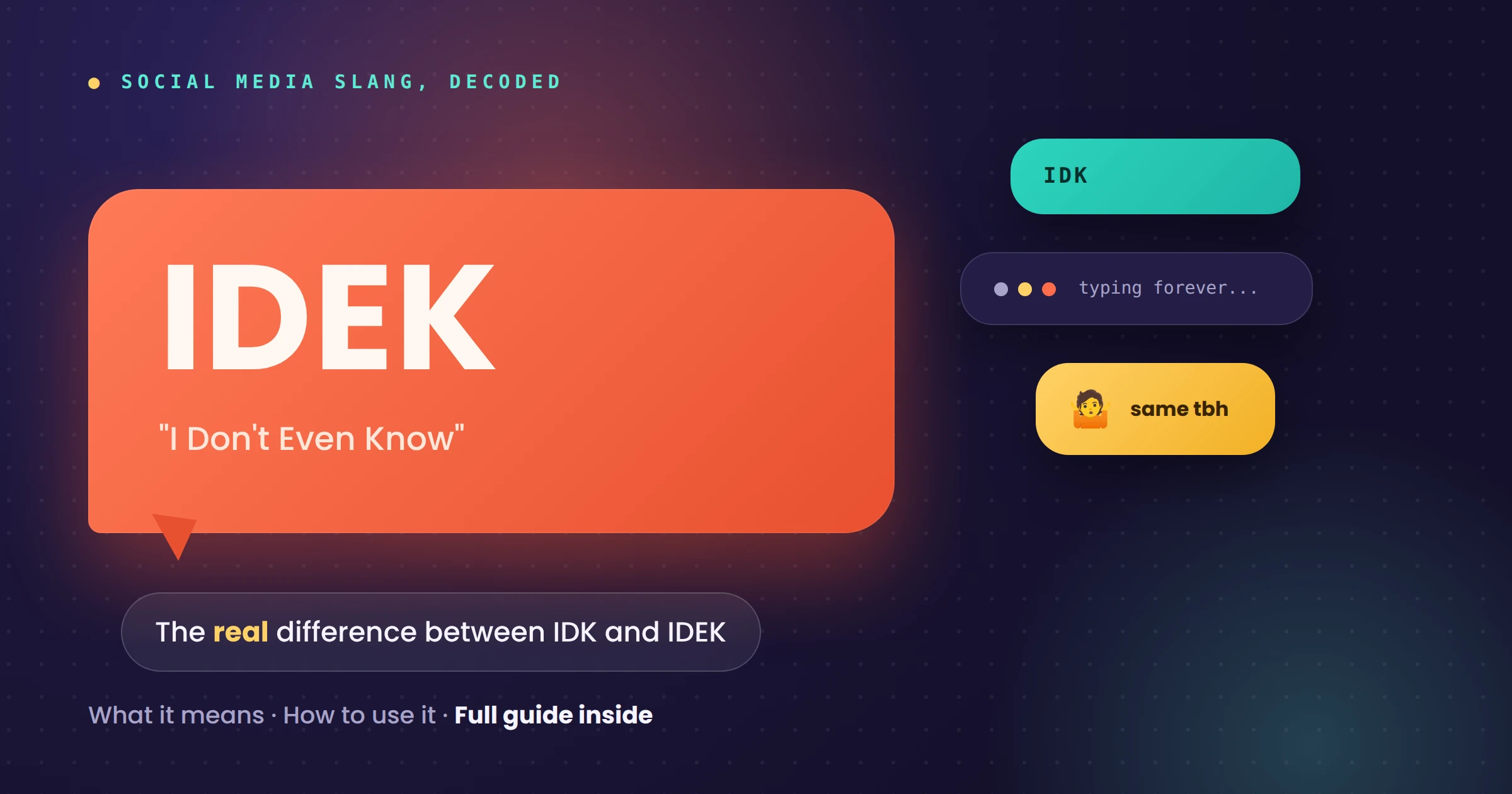 IDEK meaning explained — orange chat bubble showing "IDEK" stands for I Don't Even Know, next to an IDK bubble and typing indicator graphic