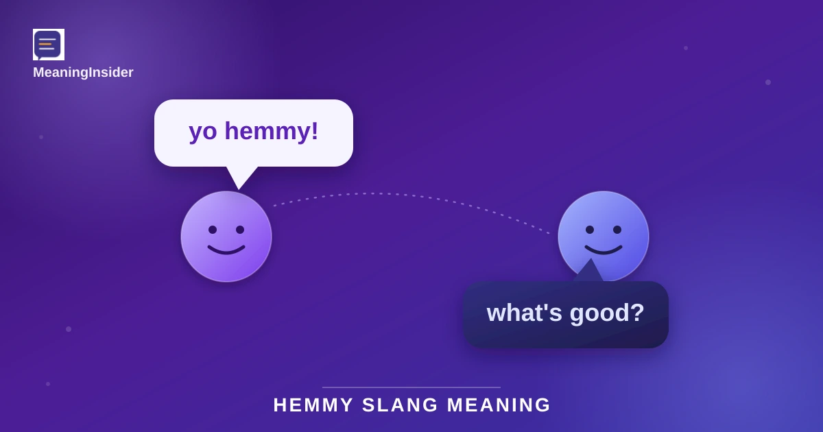 Illustration of two people texting "yo hemmy" and "what's good," showing the friendly meaning of hemmy slang