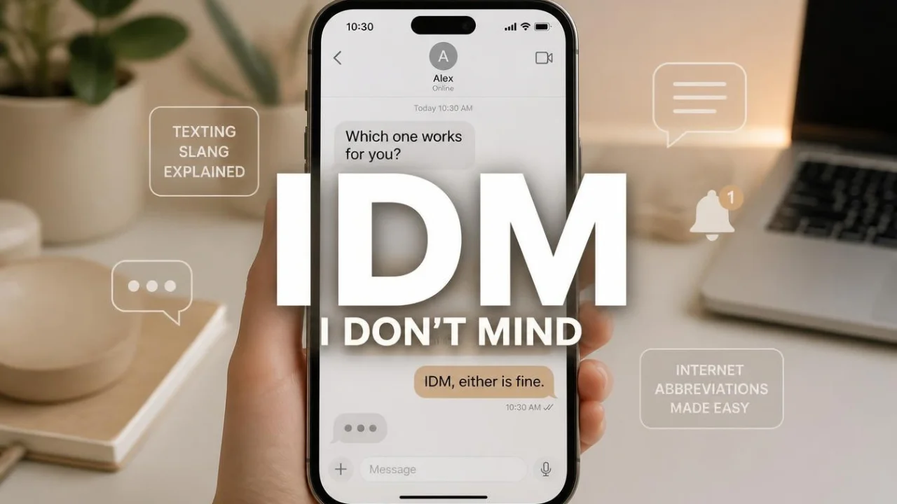 IDM meaning in text and I Don't Mind shown in a text message