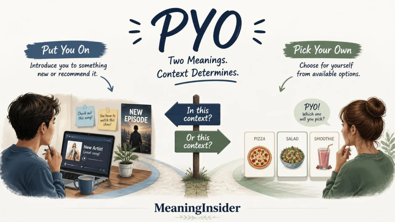 Illustration showing the two meanings of PYO in casual texting: Put You On and Pick Your Own